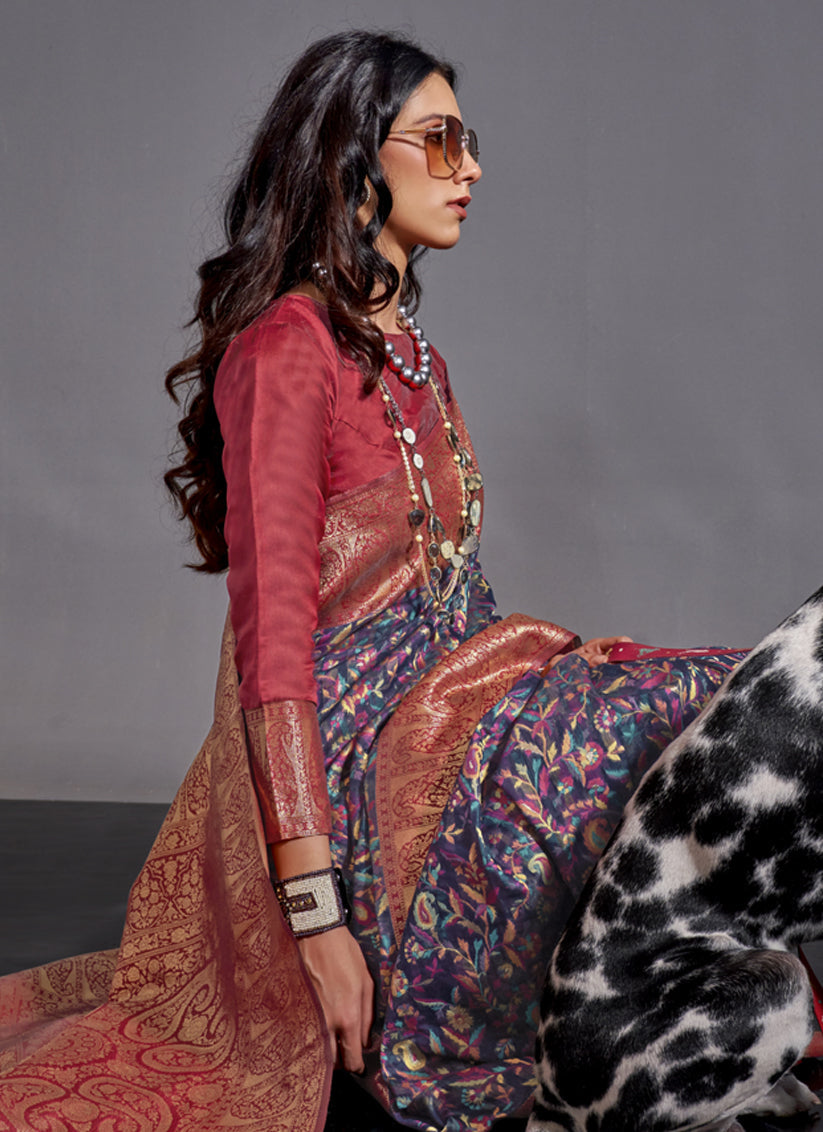 Navy Blue Handwoven Kashmiri Silk Saree