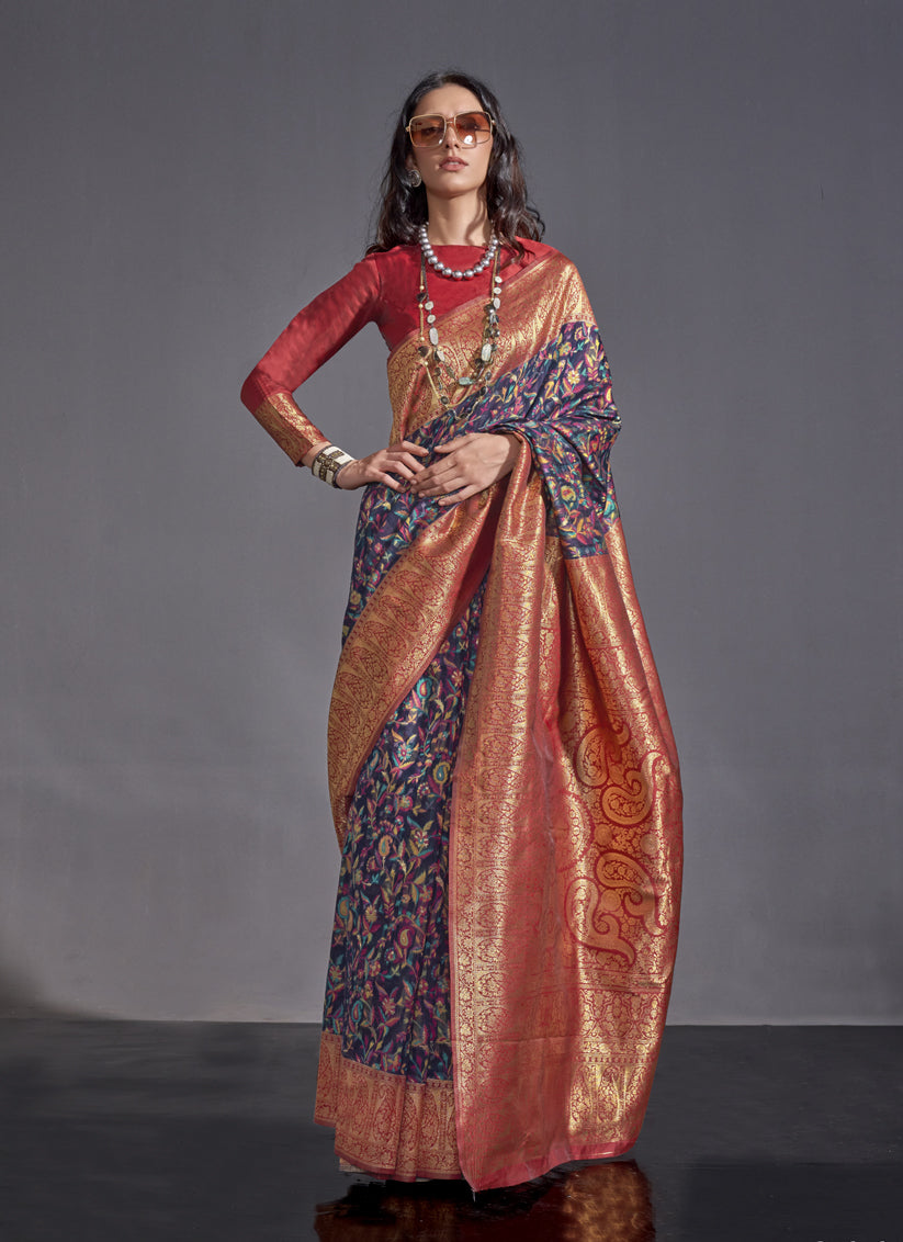 Navy Blue Handwoven Kashmiri Silk Saree