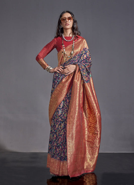 Navy Blue Handwoven Kashmiri Silk Saree