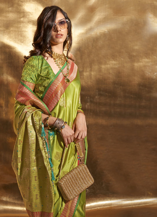 Lime Green Pure Satin Chaap Handloom Silk Saree