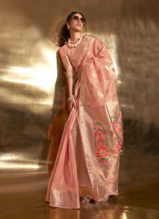 Peach Zari Tissue Paithani Pallu Saree
