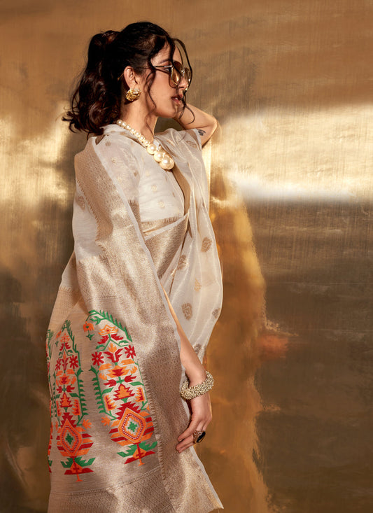 Pearl White Zari Tissue Paithani Pallu Saree