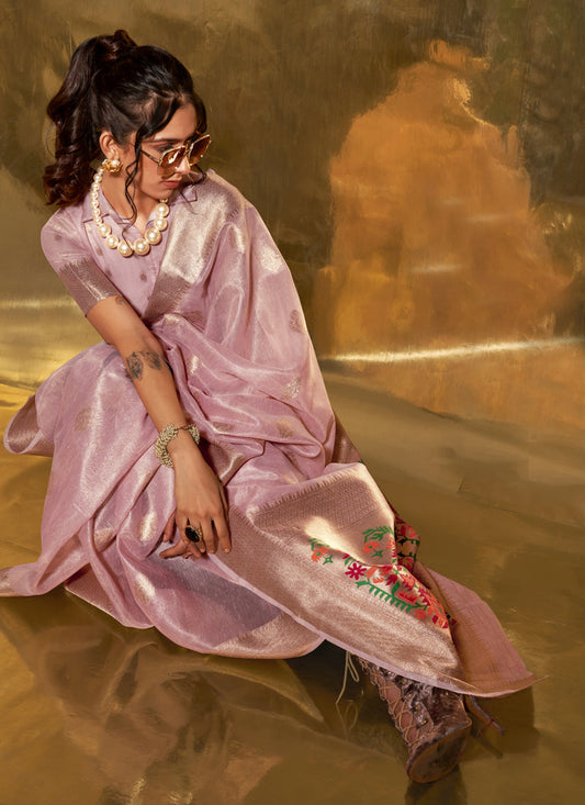 Rose Pink Zari Tissue Paithani Pallu Saree
