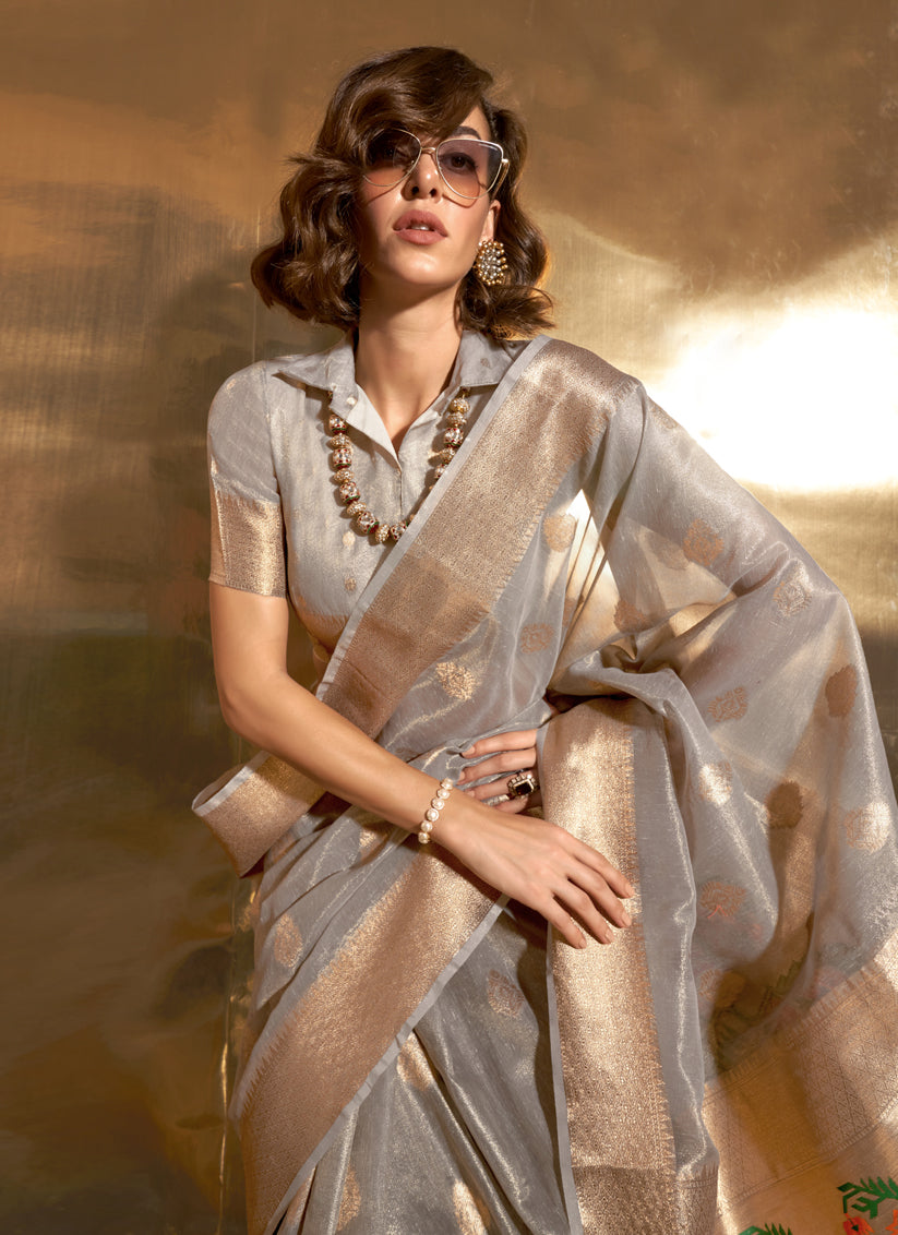 Soft Grey Zari Tissue Paithani Pallu Saree