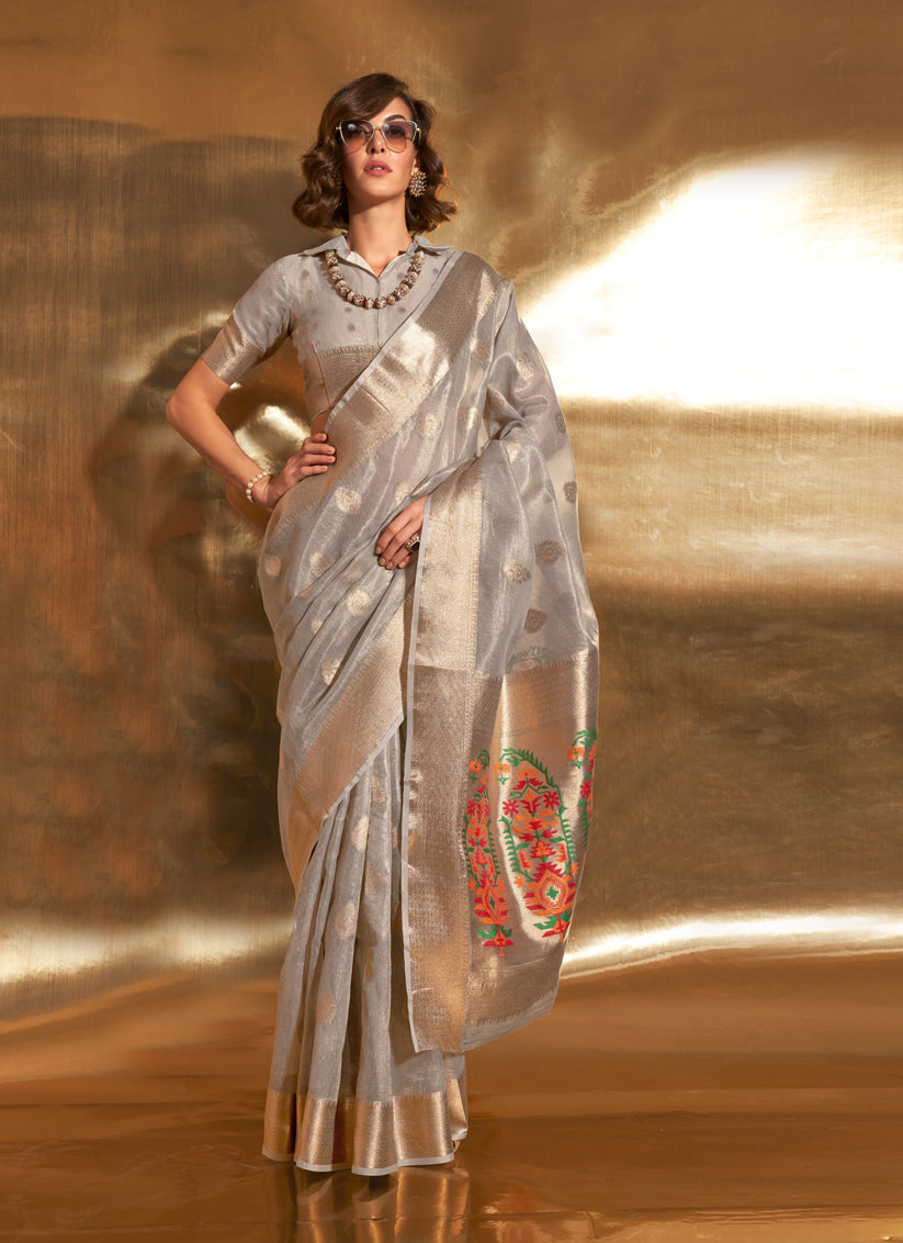 Soft Grey Zari Tissue Paithani Pallu Saree