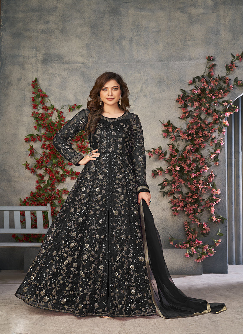 black embroidered net pant kameez for ceremonial