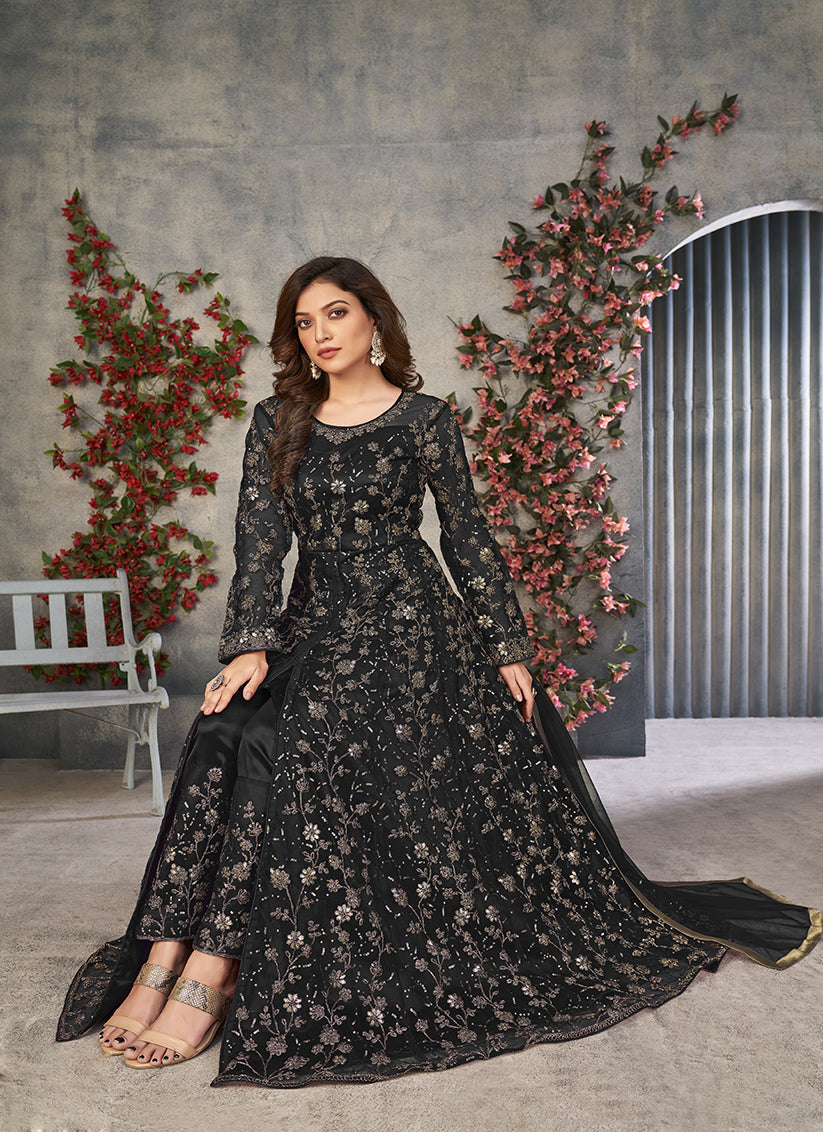 black embroidered net pant kameez for ceremonial