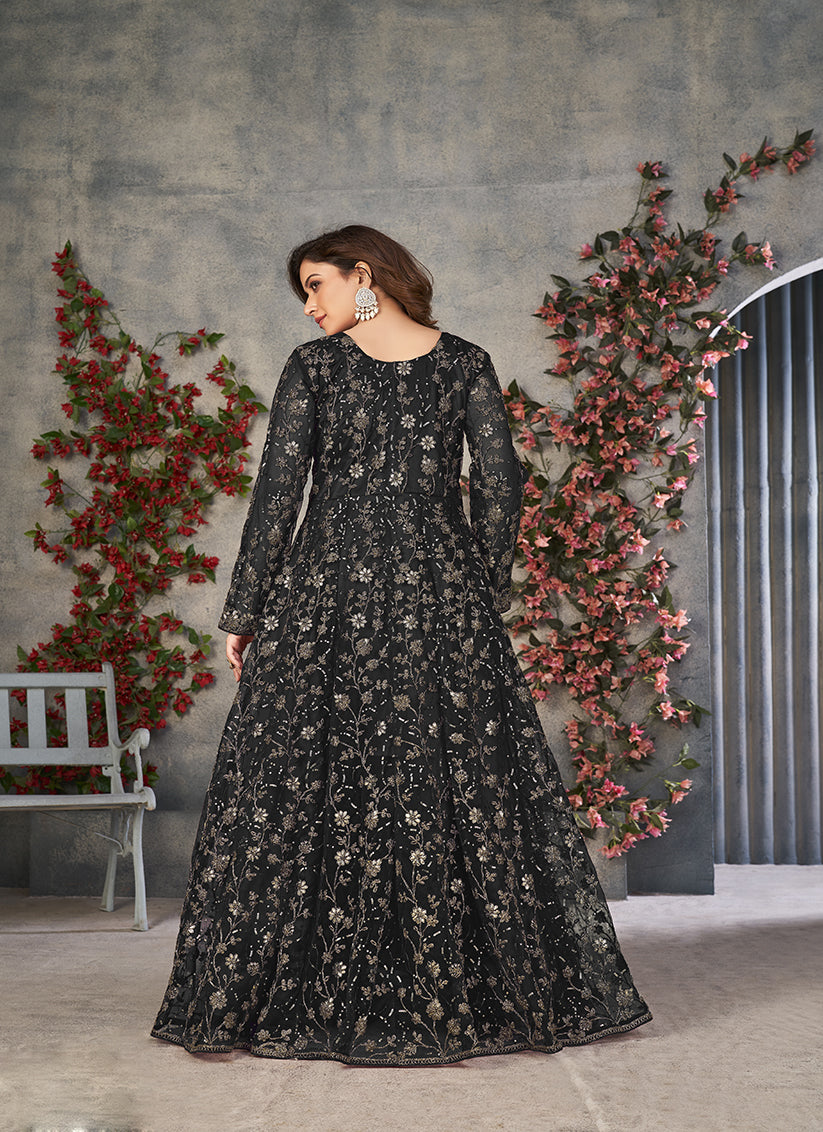 black embroidered net pant kameez for ceremonial