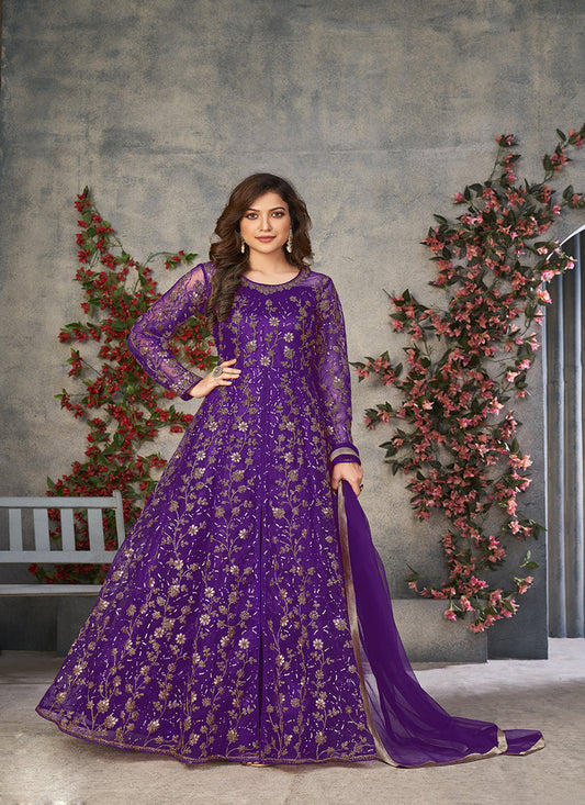 purple embroidered net pant kameez for ceremonial