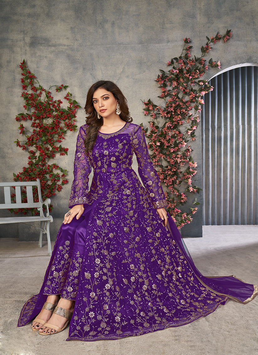 purple embroidered net pant kameez for ceremonial