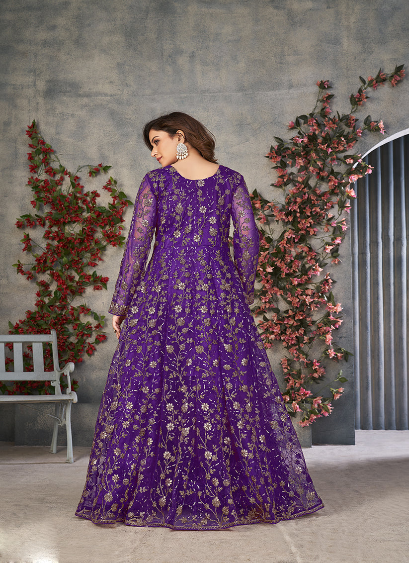 purple embroidered net pant kameez for ceremonial