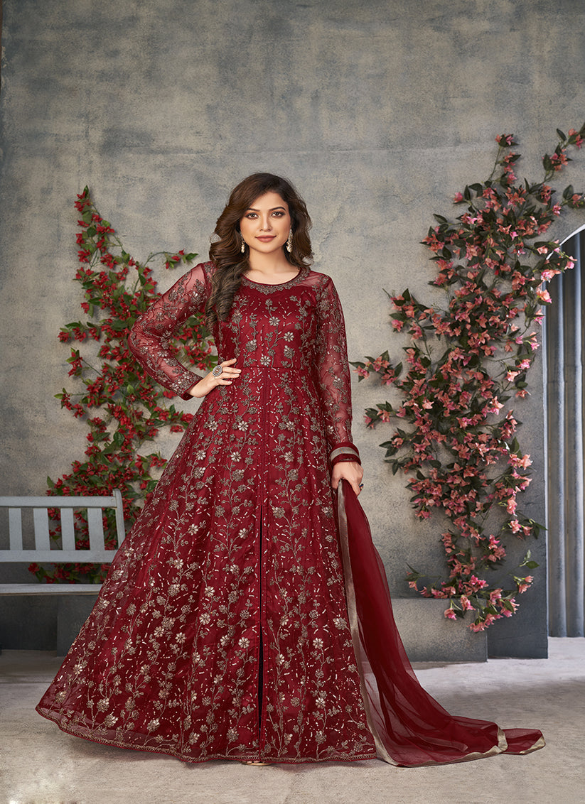 maroon embroidered net pant kameez for ceremonial