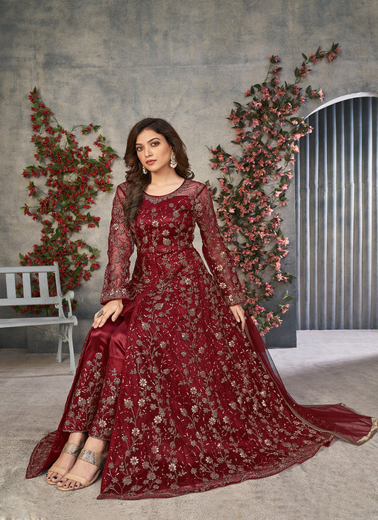 maroon embroidered net pant kameez for ceremonial