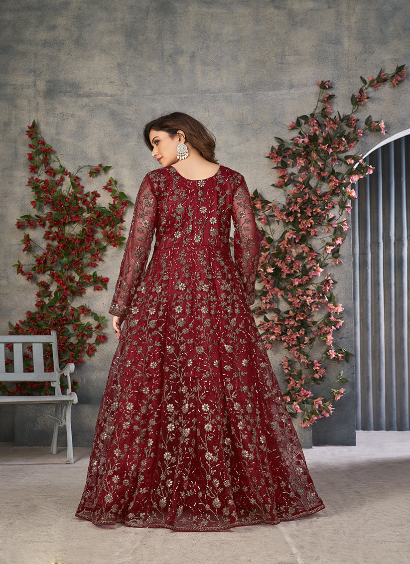 maroon embroidered net pant kameez for ceremonial