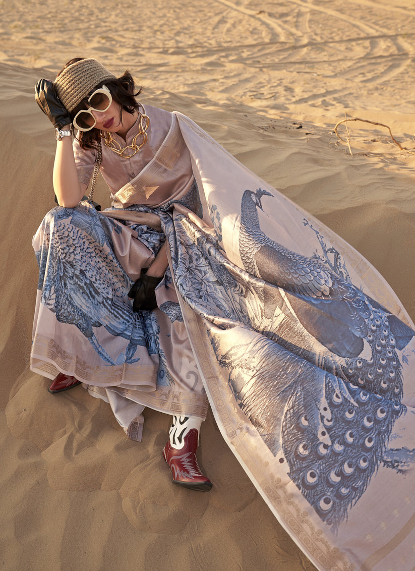 Dusty Beige and Slate Blue Tussar Silk Printed Saree