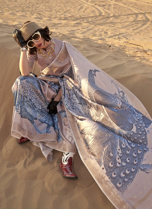 Dusty Beige and Slate Blue Tussar Silk Printed Saree