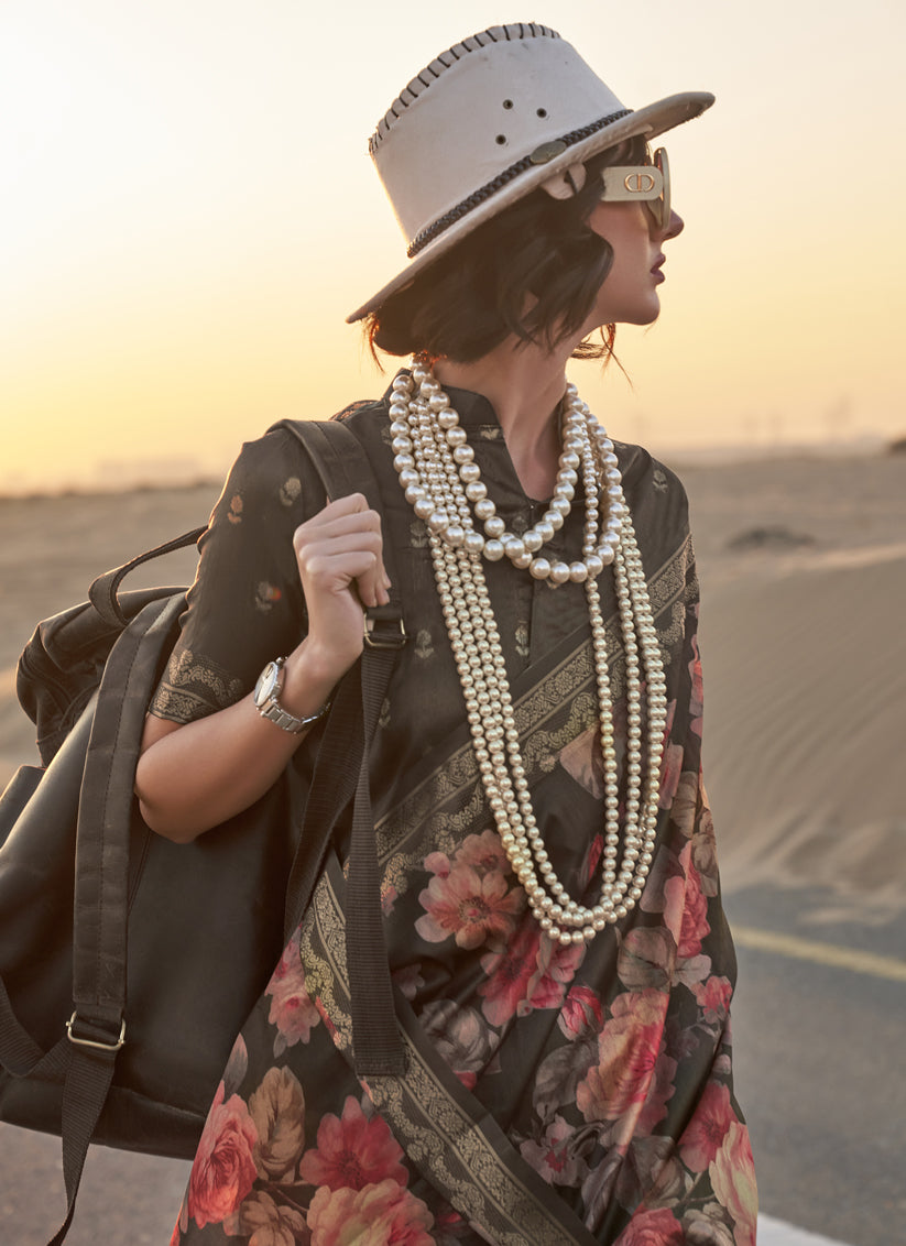 Moss Black Tussar Silk Printed Saree