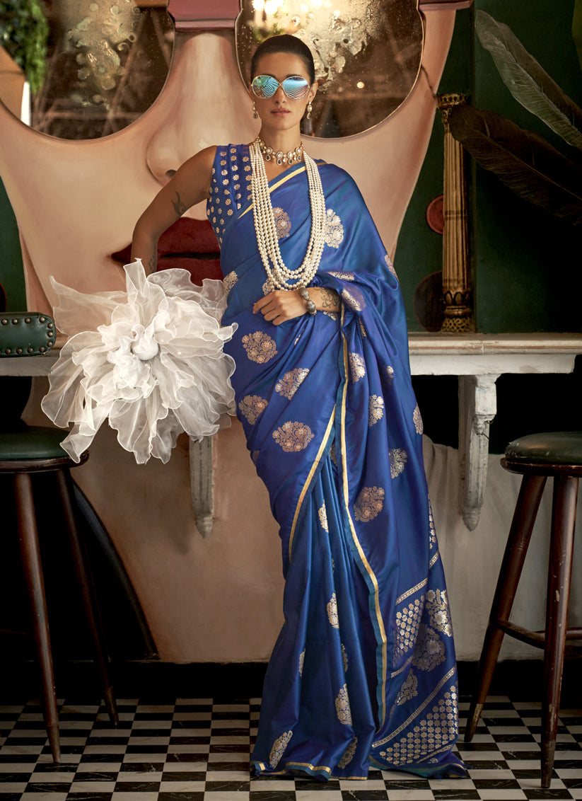 Royal Blue Satin Silk Handloom Weaving Saree