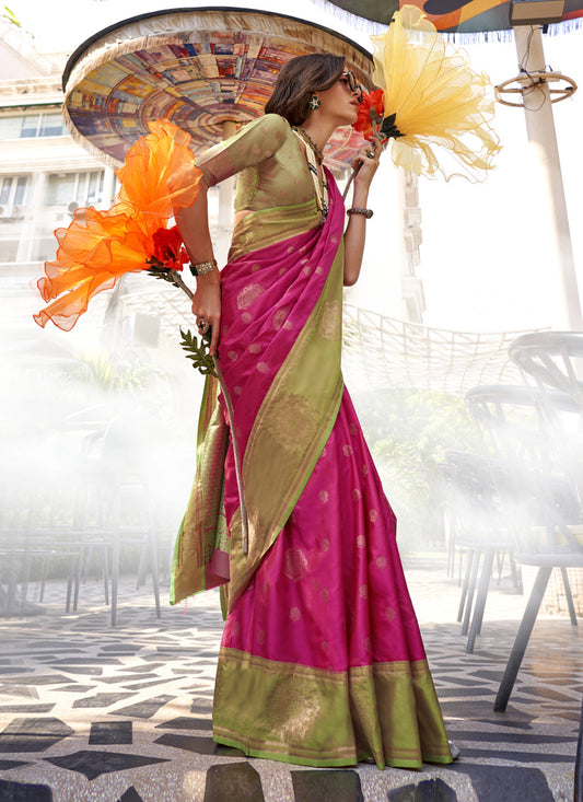 Rani Pink Silk Handloom Weaving Saree For Festival