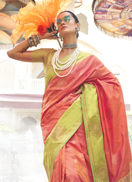 Coral Silk Handloom Weaving Saree For Festival