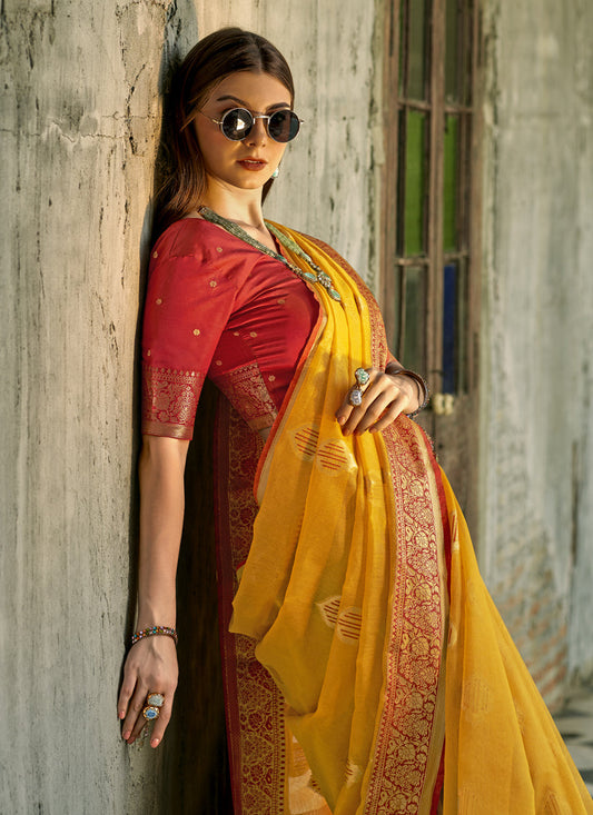 Mustard Tissue Silk Woven Saree for Festival