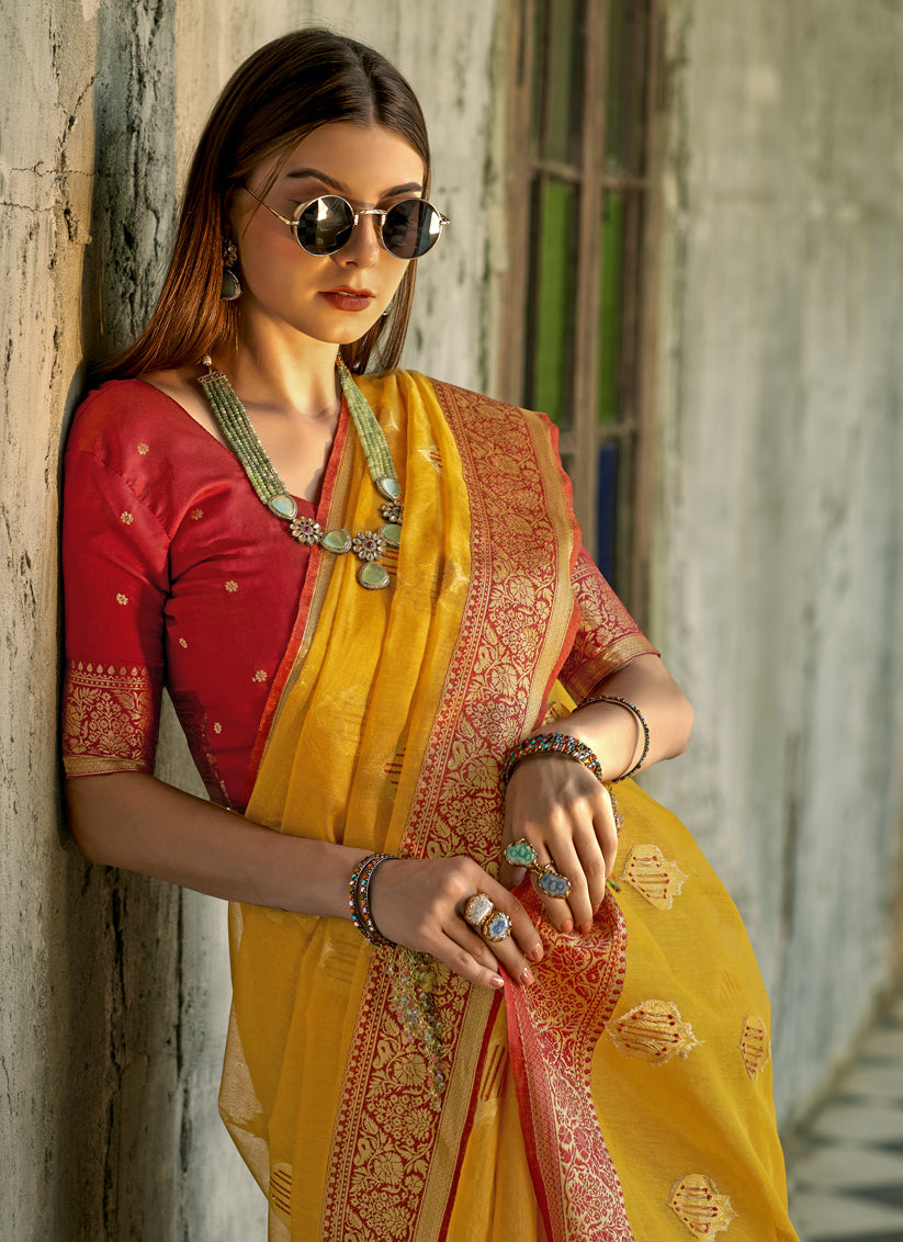 Mustard Tissue Silk Woven Saree for Festival
