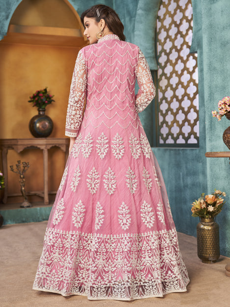 Astonishing Rose Pink Net Embroidered Designer Pant Kameez