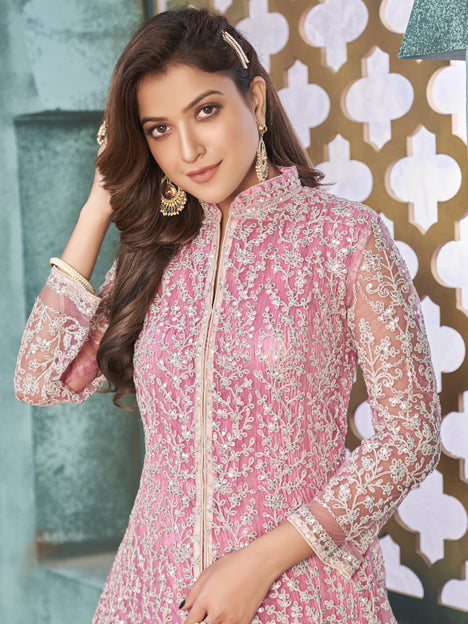 Astonishing Rose Pink Net Embroidered Designer Pant Kameez