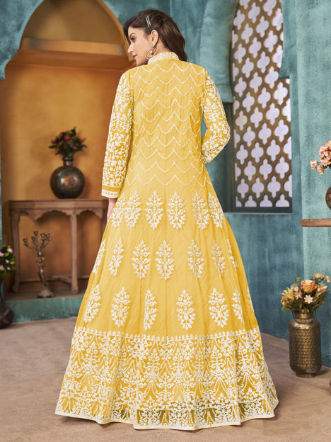 Lovely Pastel Yellow Net Embroidered Designer Pant Kameez