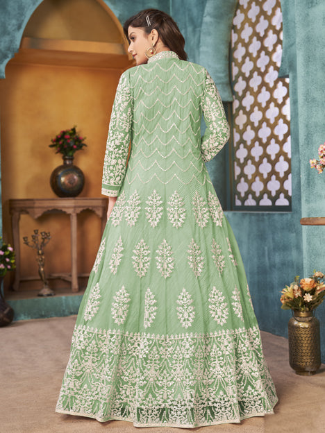 Mesmerizing Mint Green Net Embroidered Designer Pant Kameez