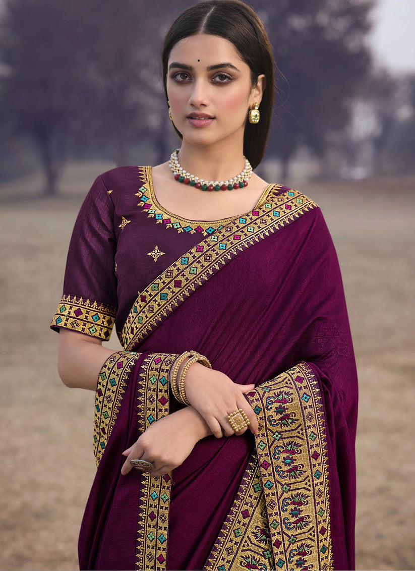 Wine Silk Embroidered Wedding Saree