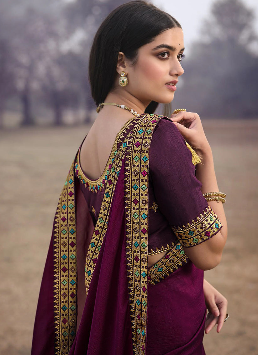 Wine Silk Embroidered Wedding Saree