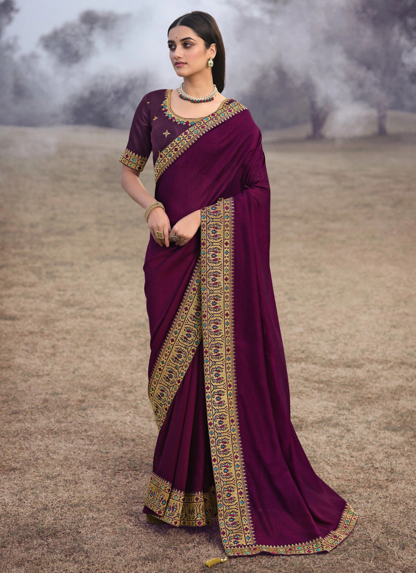 Wine Silk Embroidered Wedding Saree