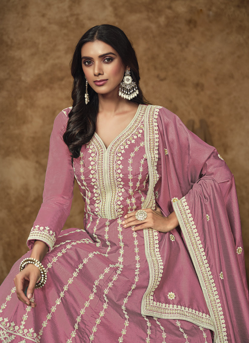carnation pink dola silk embroidered gown with dupatta