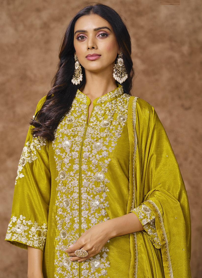 chartreuse green chinnon silk embroidered palazzo kameez