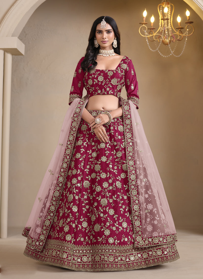 raspberry pink art silk embroidered lehenga choli