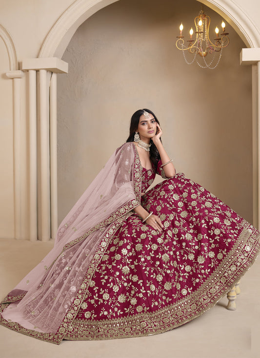 raspberry pink art silk embroidered lehenga choli