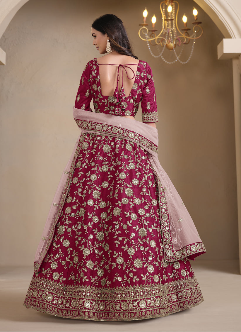 raspberry pink art silk embroidered lehenga choli