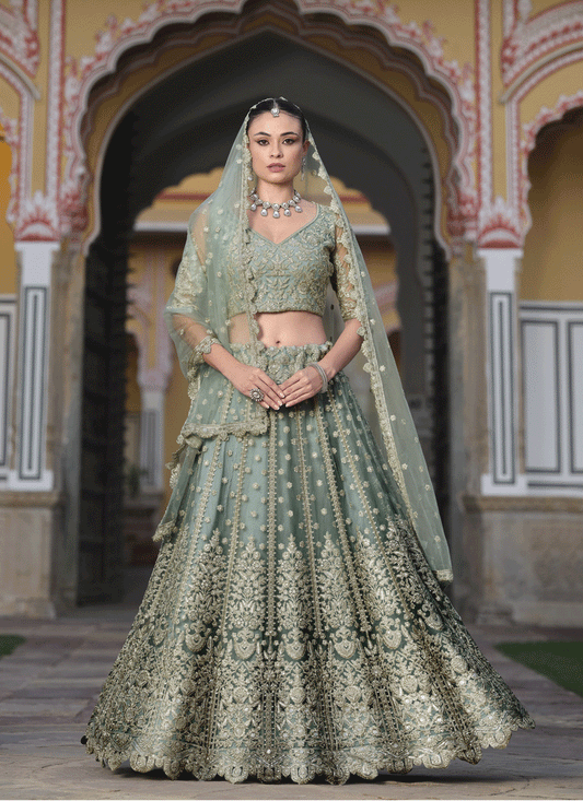Sage Green Net Embroidered Lehenga Choli