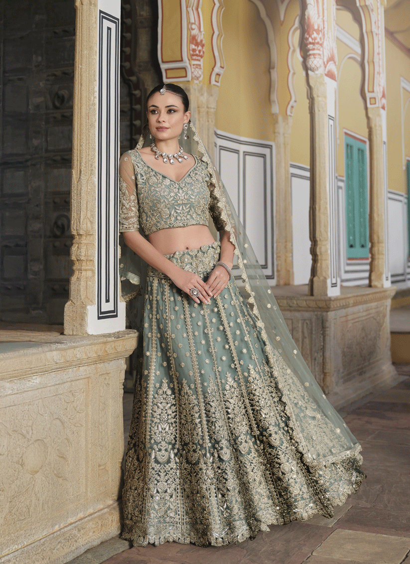 Sage Green Net Embroidered Lehenga Choli
