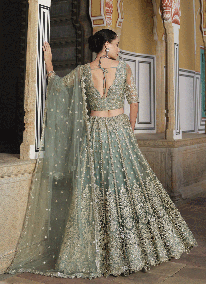 Sage Green Net Embroidered Lehenga Choli