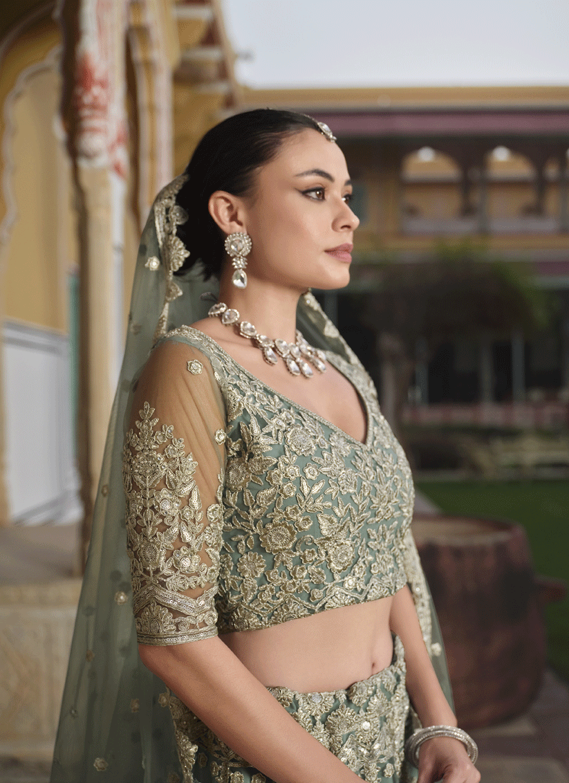 Sage Green Net Embroidered Lehenga Choli