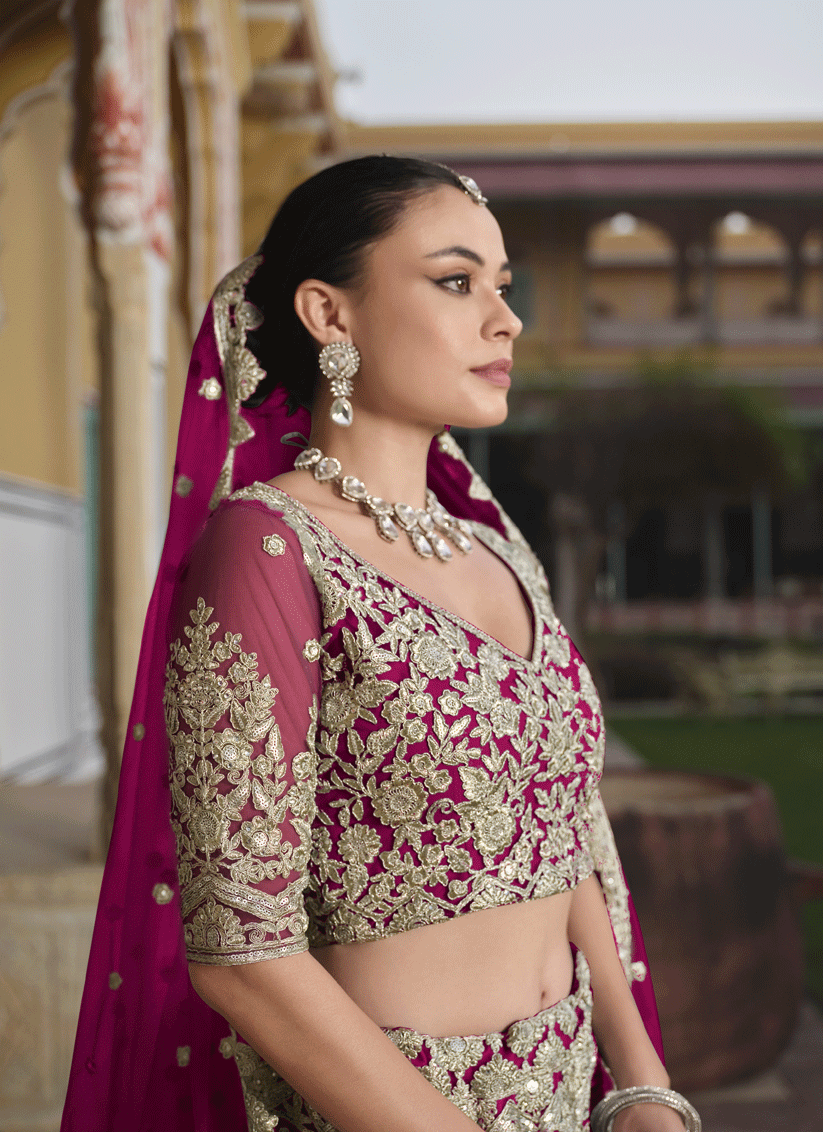 Raspberry Pink Net Embroidered Lehenga Choli