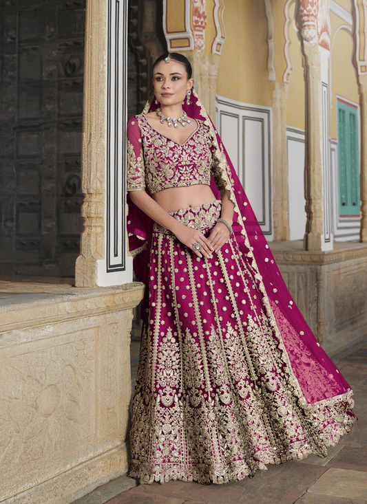 Raspberry Pink Net Embroidered Lehenga Choli