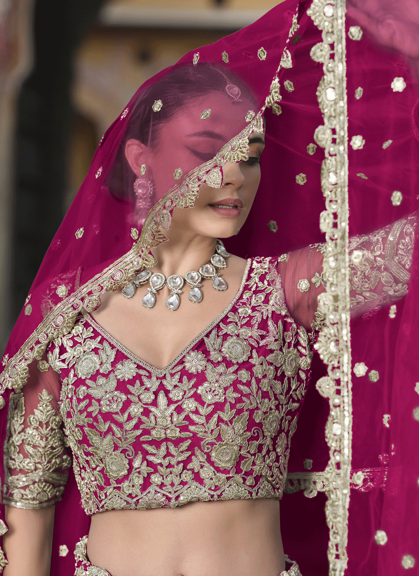 Raspberry Pink Net Embroidered Lehenga Choli