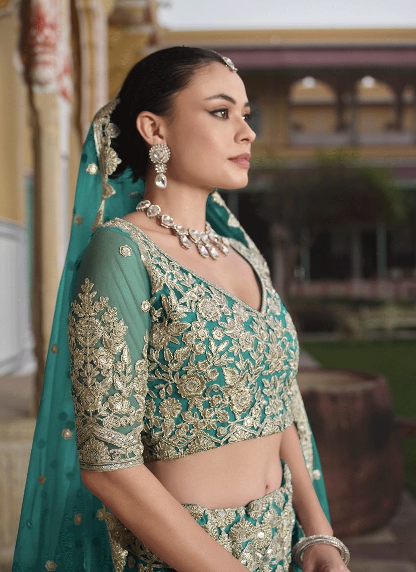 Rama Green Net Embroidered Lehenga Choli