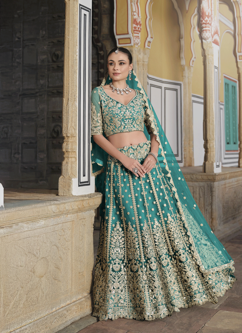 Rama Green Net Embroidered Lehenga Choli