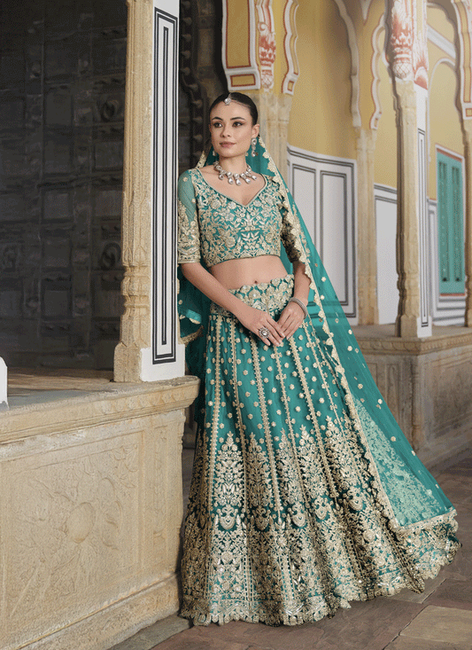 Rama Green Net Embroidered Lehenga Choli