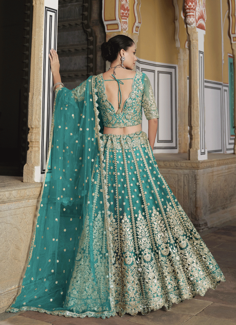 Rama Green Net Embroidered Lehenga Choli
