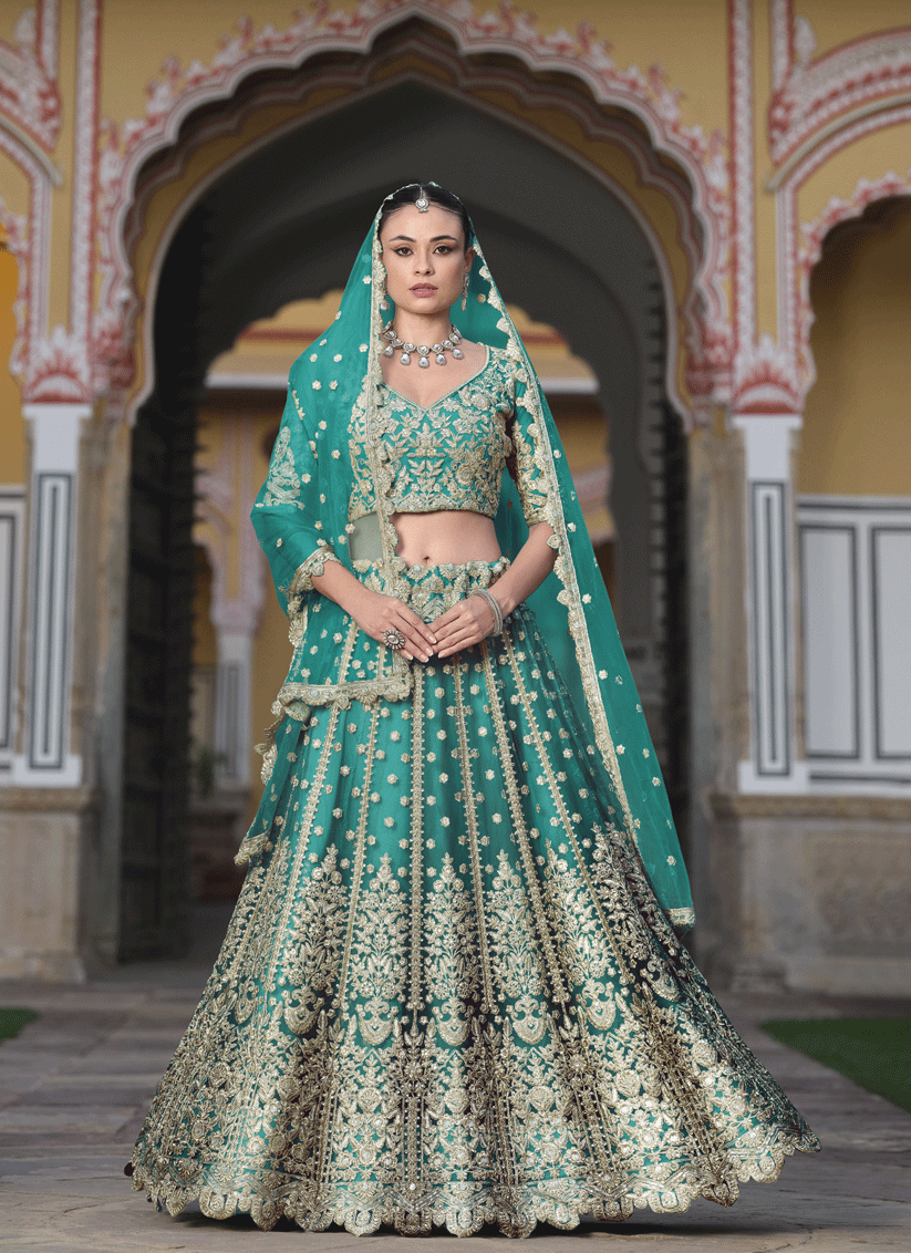 Rama Green Net Embroidered Lehenga Choli